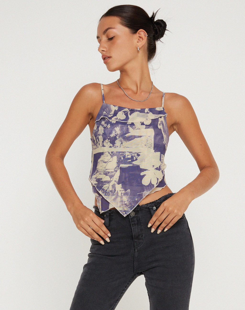 Shindu Mesh Vest Top in Collage Floral Shadow Lila