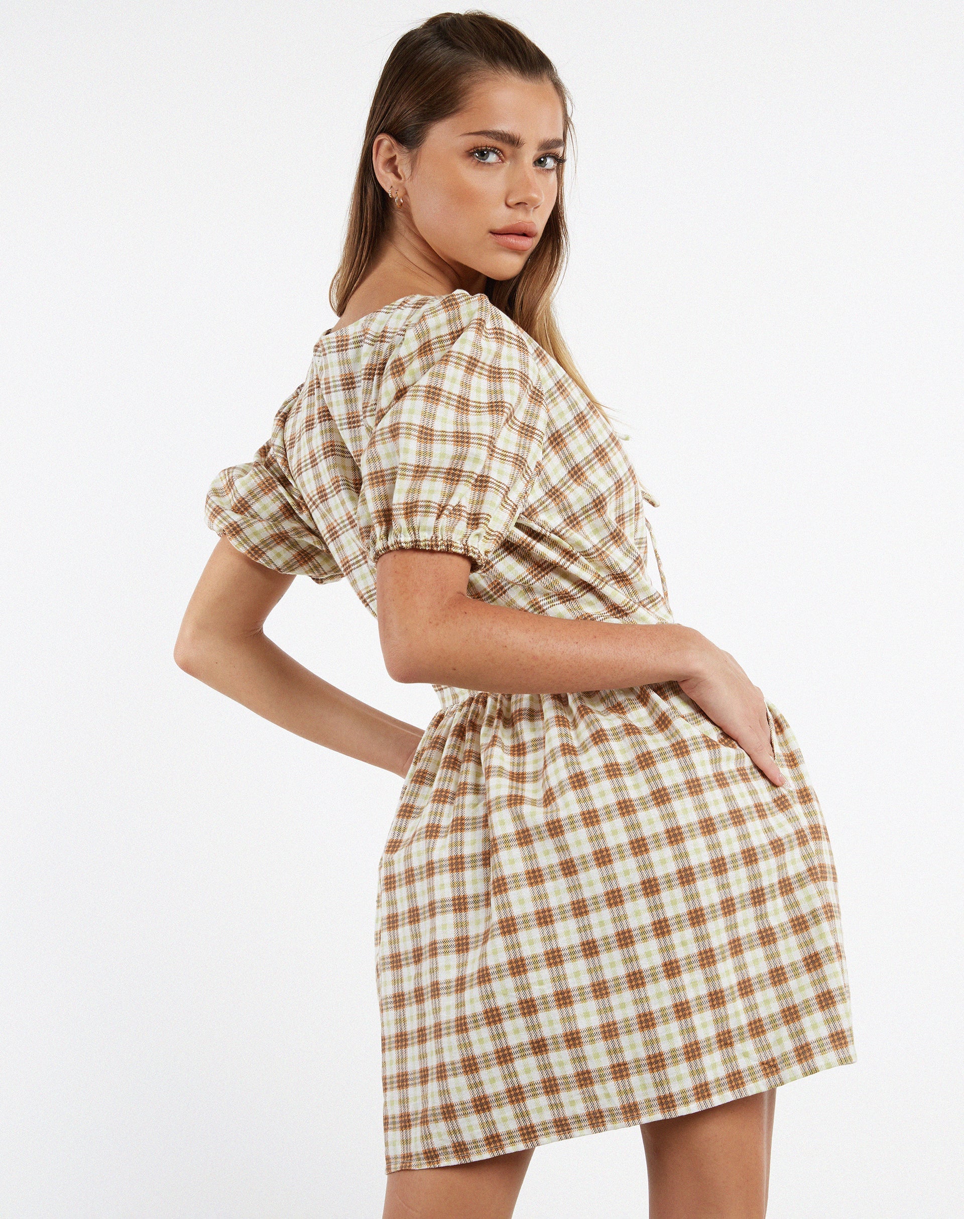 Image of MOTEL X JACQUIE Shirley Minikleid in Gelb Braun Karo