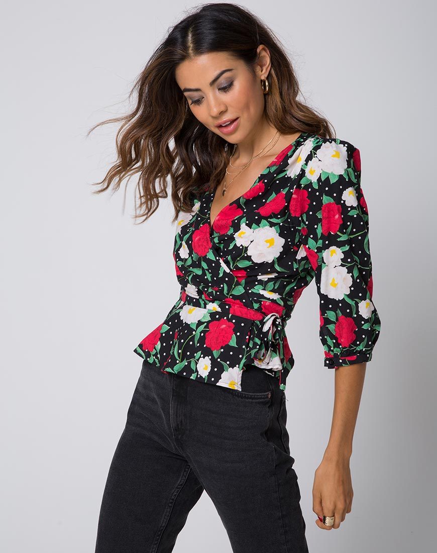 Bild von Shon Wrap Top in Polka Rose Schwarz