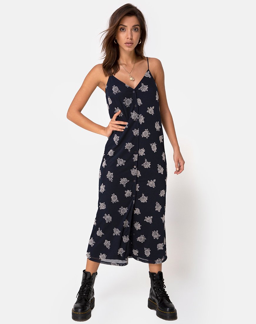 Image of Sini Slip Midikleid in Rose Flock Schwarz Mesh