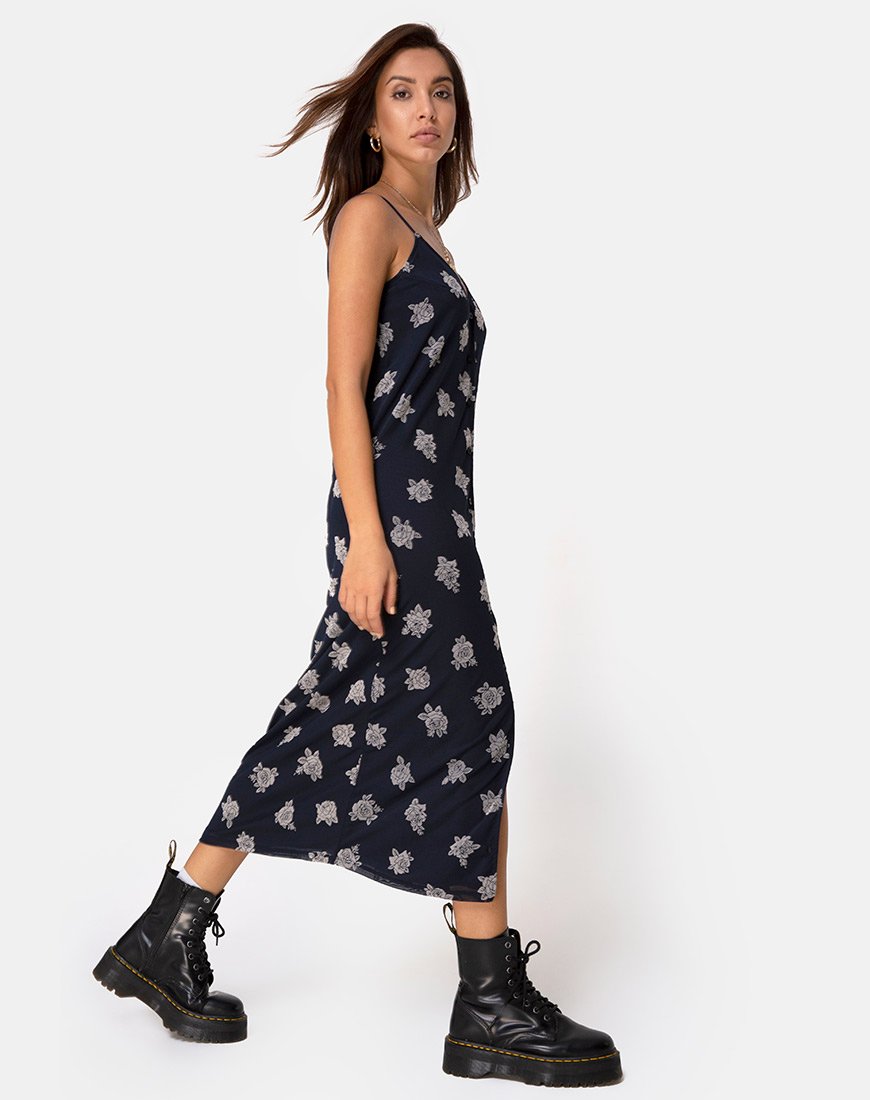 Image of Sini Slip Midikleid in Rose Flock Schwarz Mesh