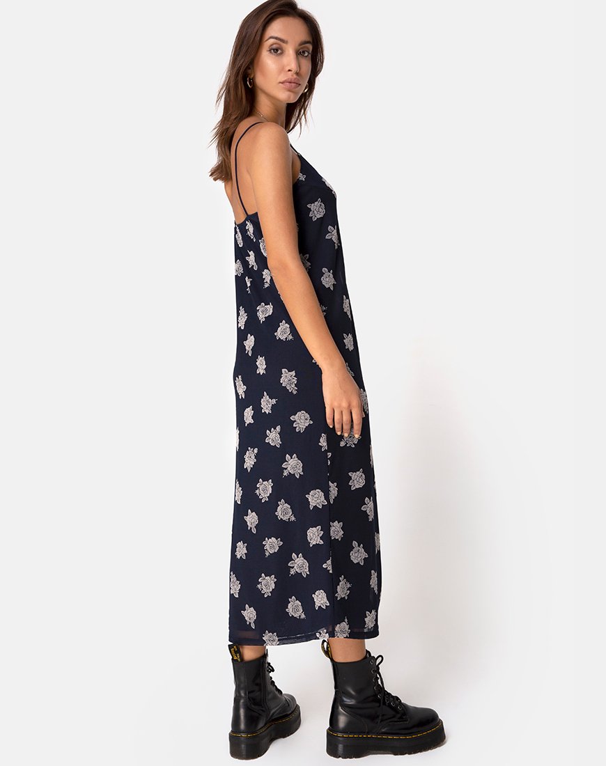 Image of Sini Slip Midikleid in Rose Flock Schwarz Mesh