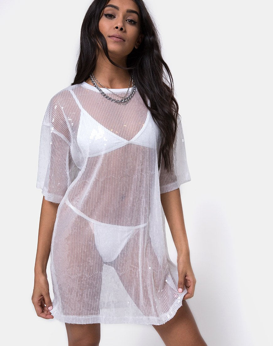 Sunny Kiss Tee aus transparentem weißem Paillettenstoff