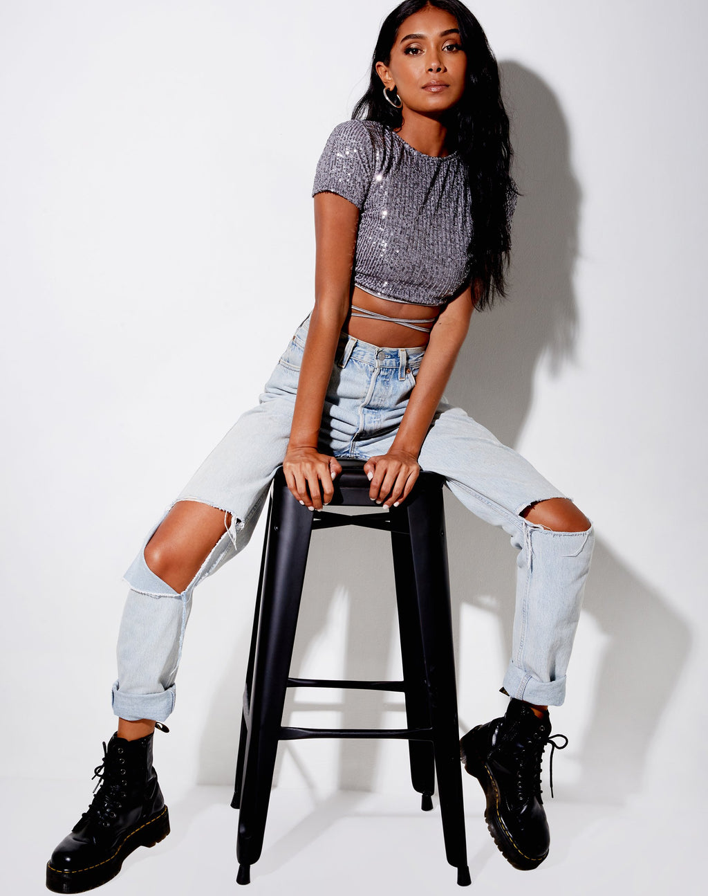 Tasya Crop Top in Drape Pailletten Silber