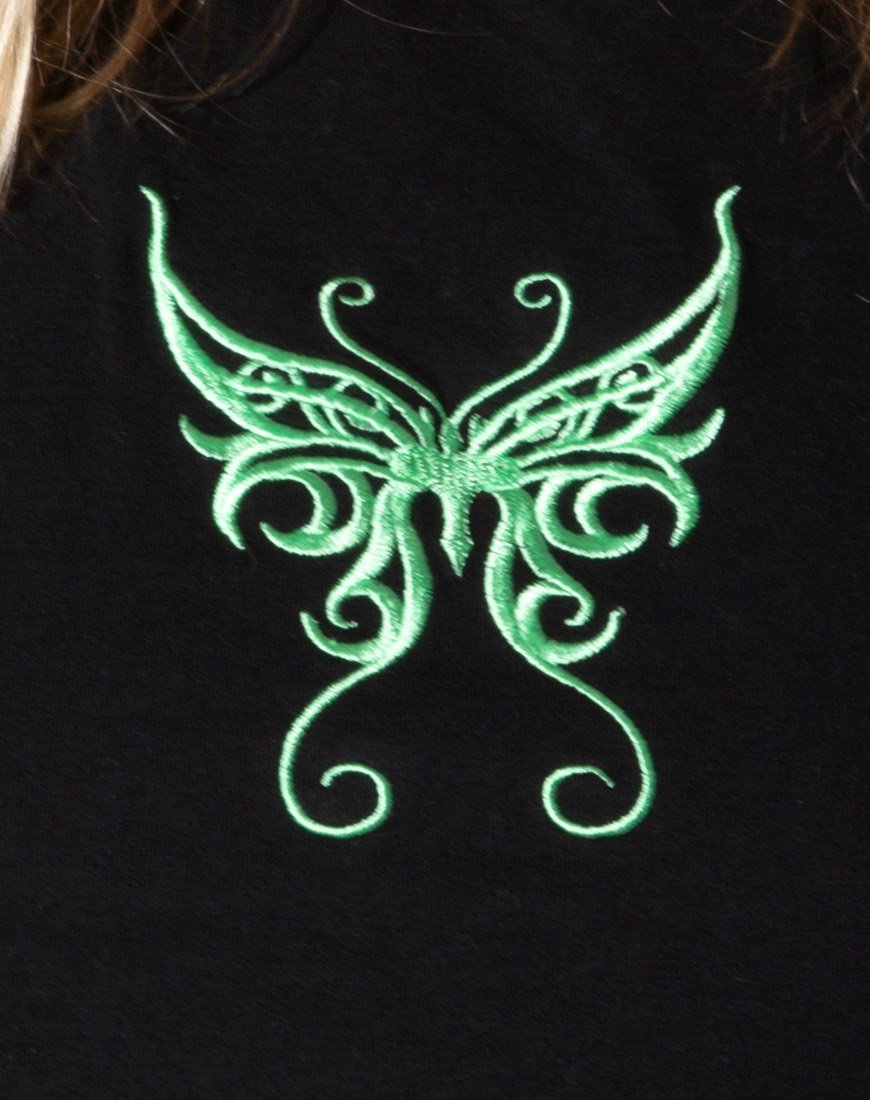 Image of Tindy Crop Top in Schwarz mit grüner Schmetterlingsstickerei