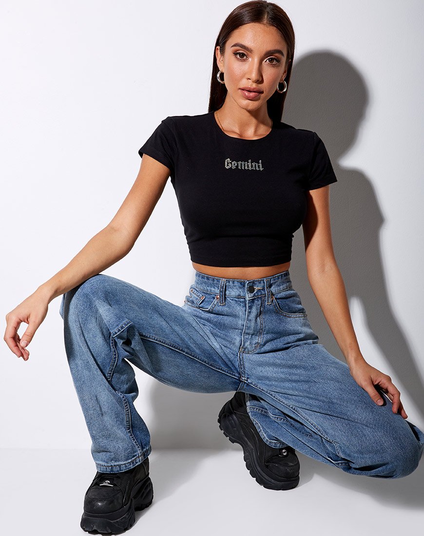 Tiney Crop Tee in Schwarz 'Gemini' Diamante