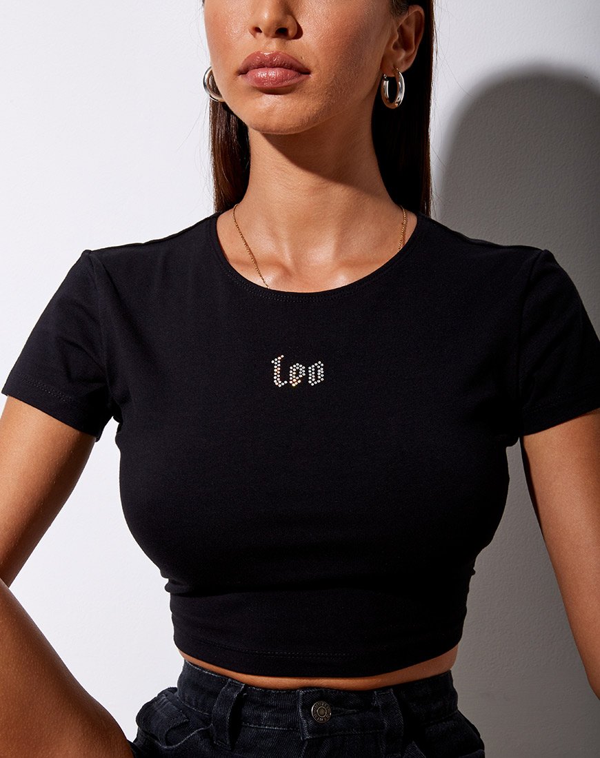 Tiney Crop Tee in Schwarz 'Leo' Diamante
