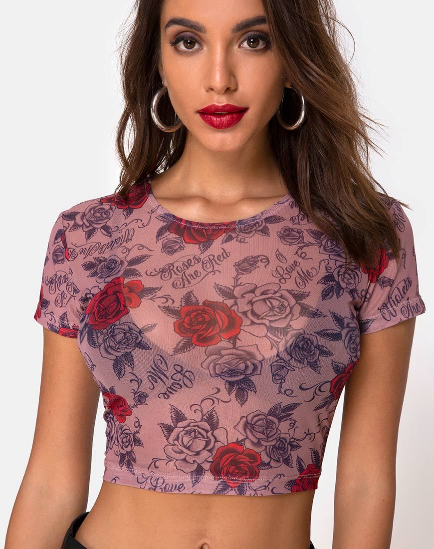 Bild von Tiney Crop Tee in Roses Are Red Mesh