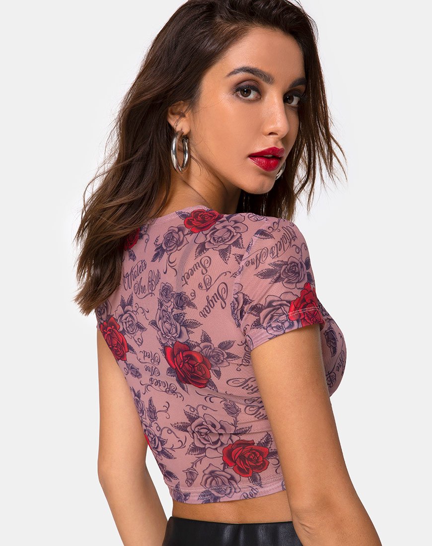 Bild von Tiney Crop Tee in Roses Are Red Mesh
