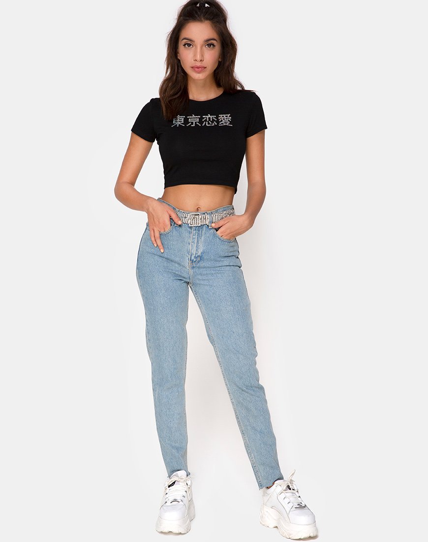 Bild von Tiney Crop Top Tee in Schwarz mit Diamanten Hotfix