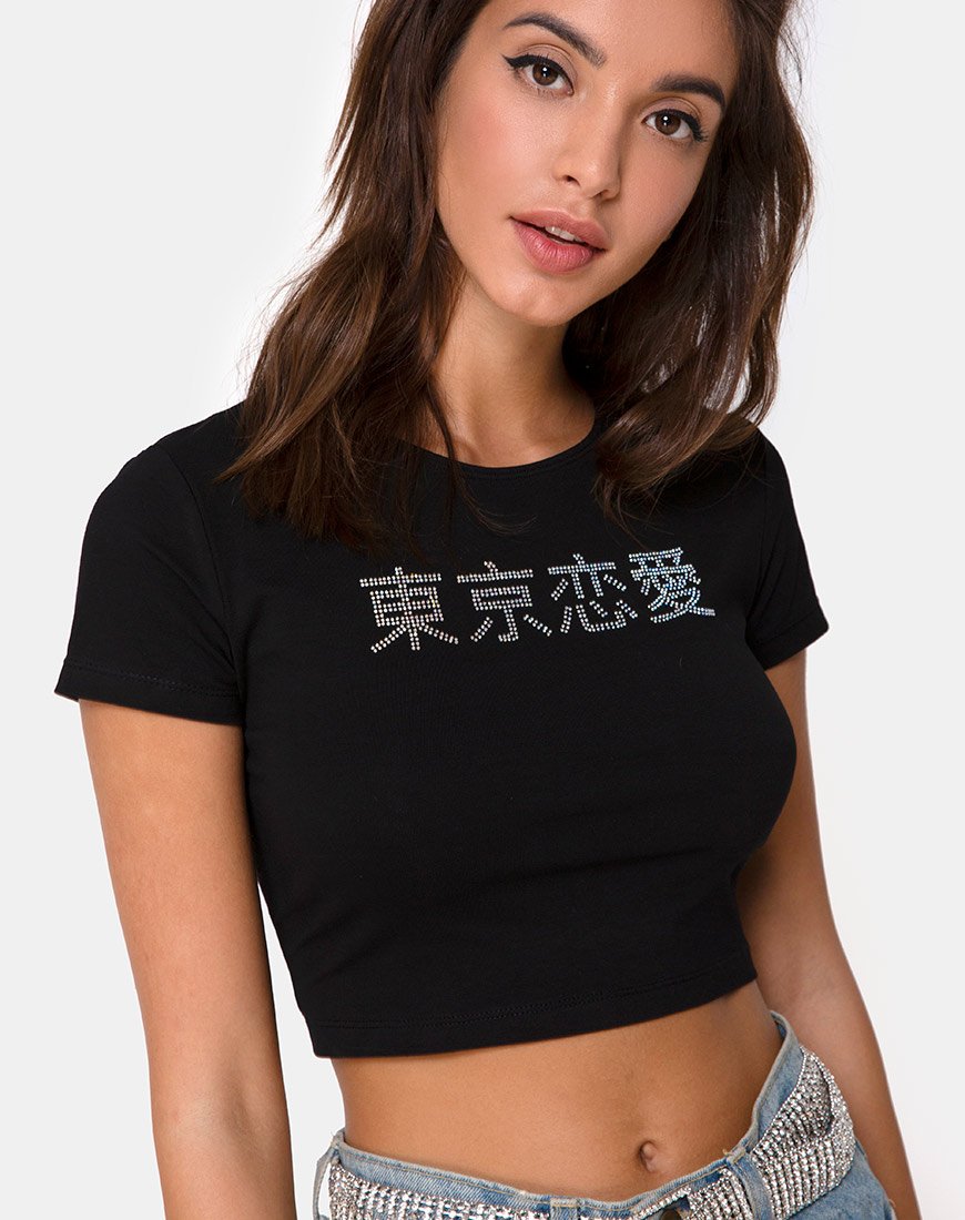 Tiney Crop Top Tee in Schwarz mit Diamanten-Hotfix