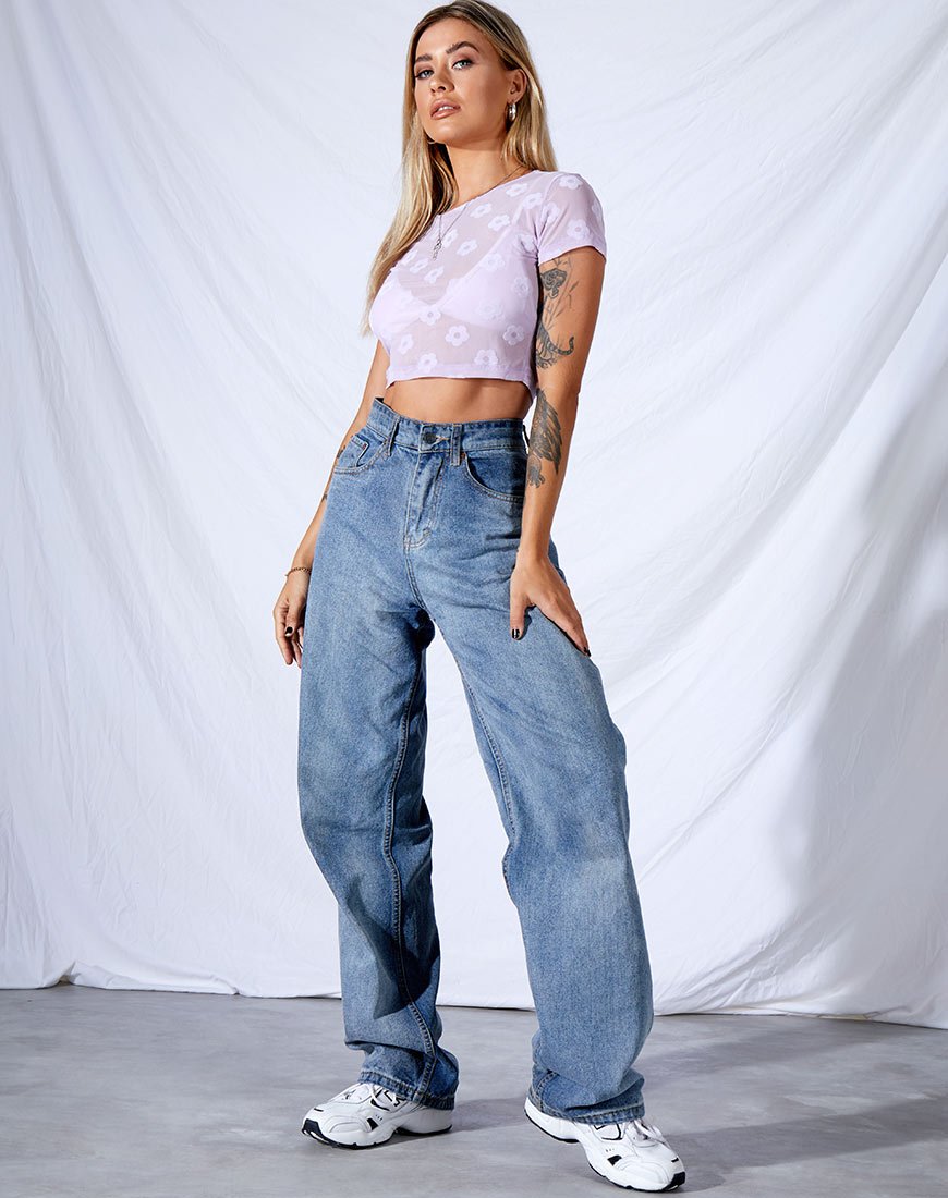 Bild von Tiney Crop Tee aus fliederfarbenem Mesh Daisy White Flock