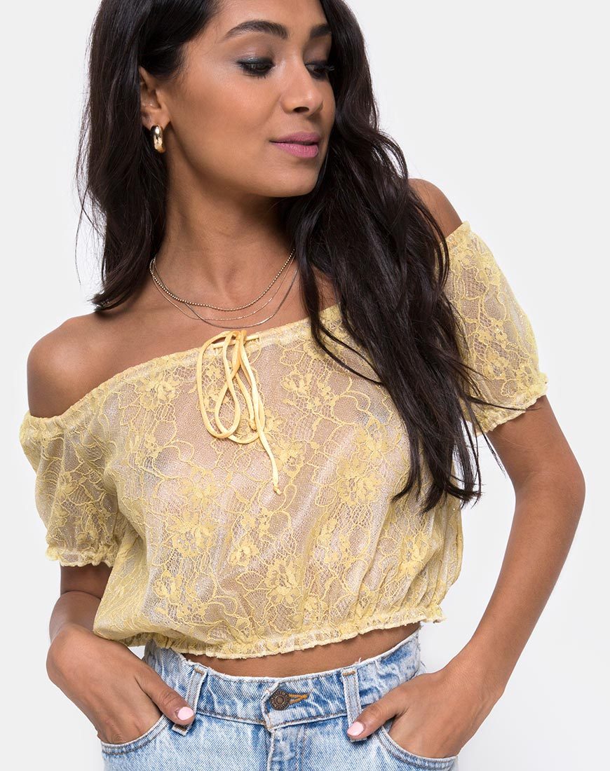 Eva Crop Top aus pastellfarbener Spitze Lemon