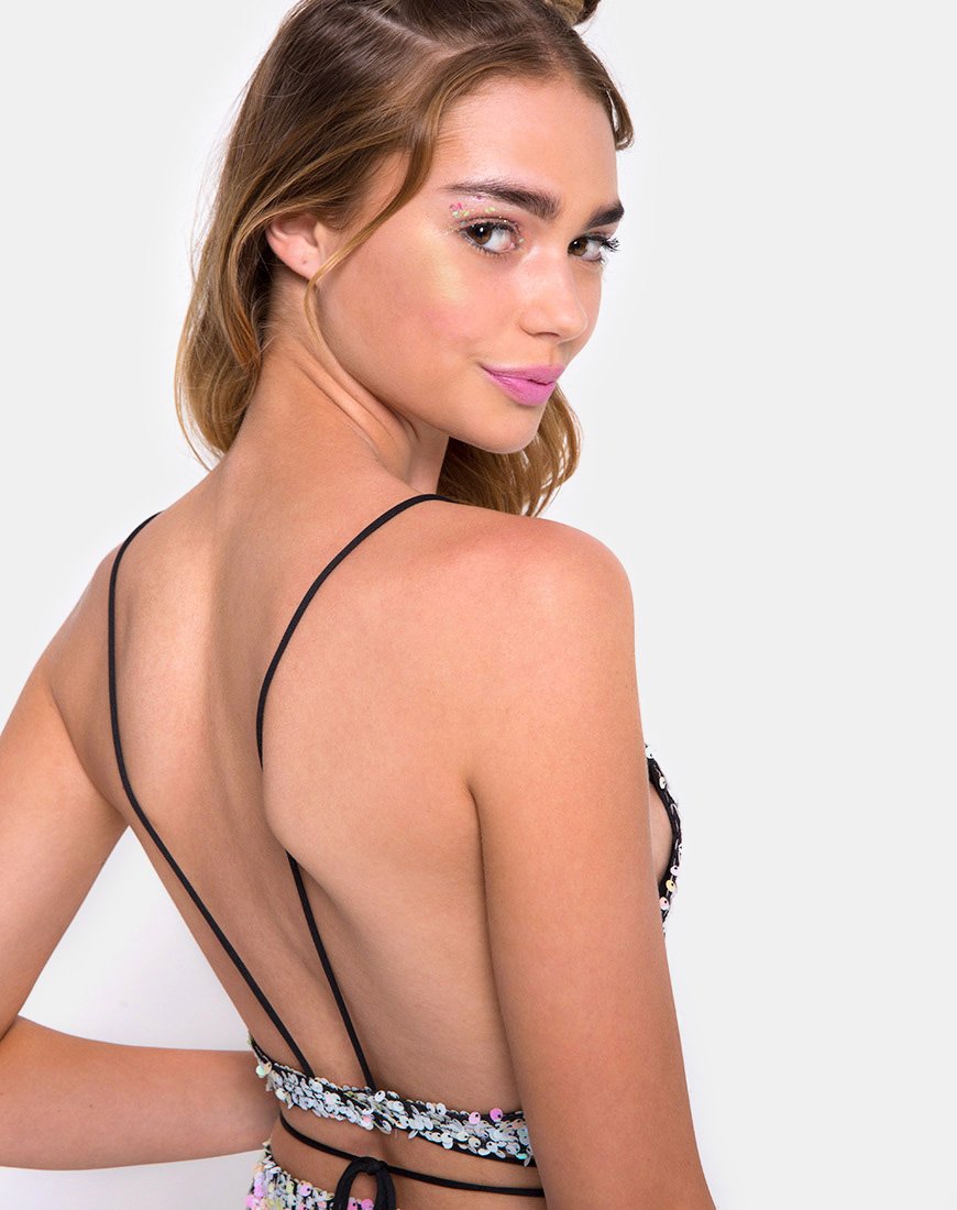 Truman Crop Top aus Fishcale Pailletten schillernd Schwarz Perle