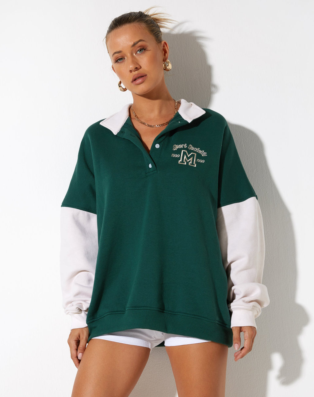 Varsity Oversized Jacke in Waldgrün Winter Weiß Sport Society