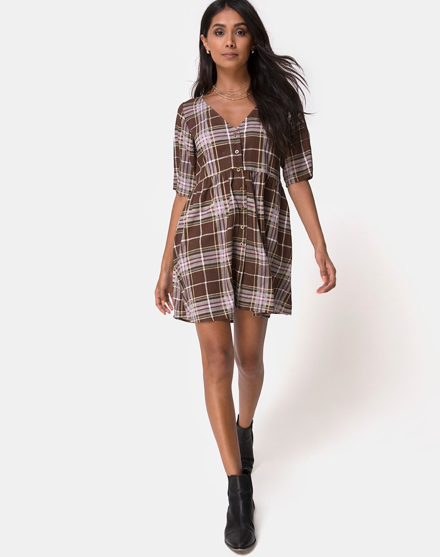 Image of Verren Babydoll Kleid in Tartan Braun