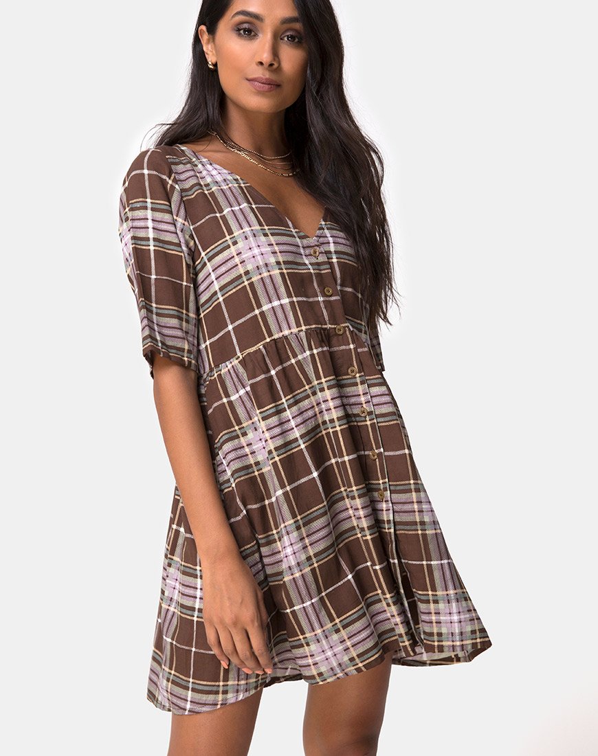 Image of Verren Babydoll Kleid in Tartan Braun