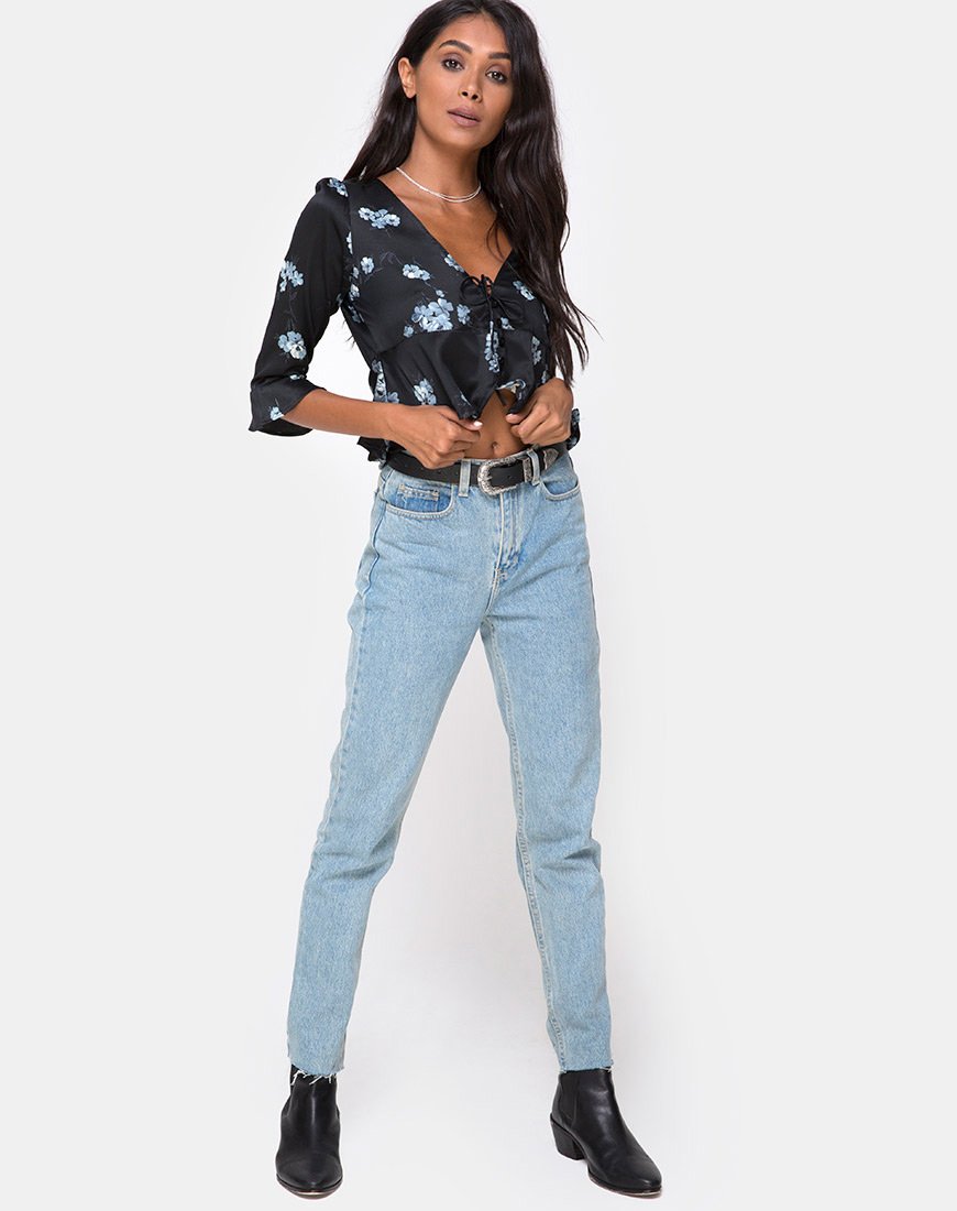 Image of Vinequa Top aus Satin Mono Flower Schwarz