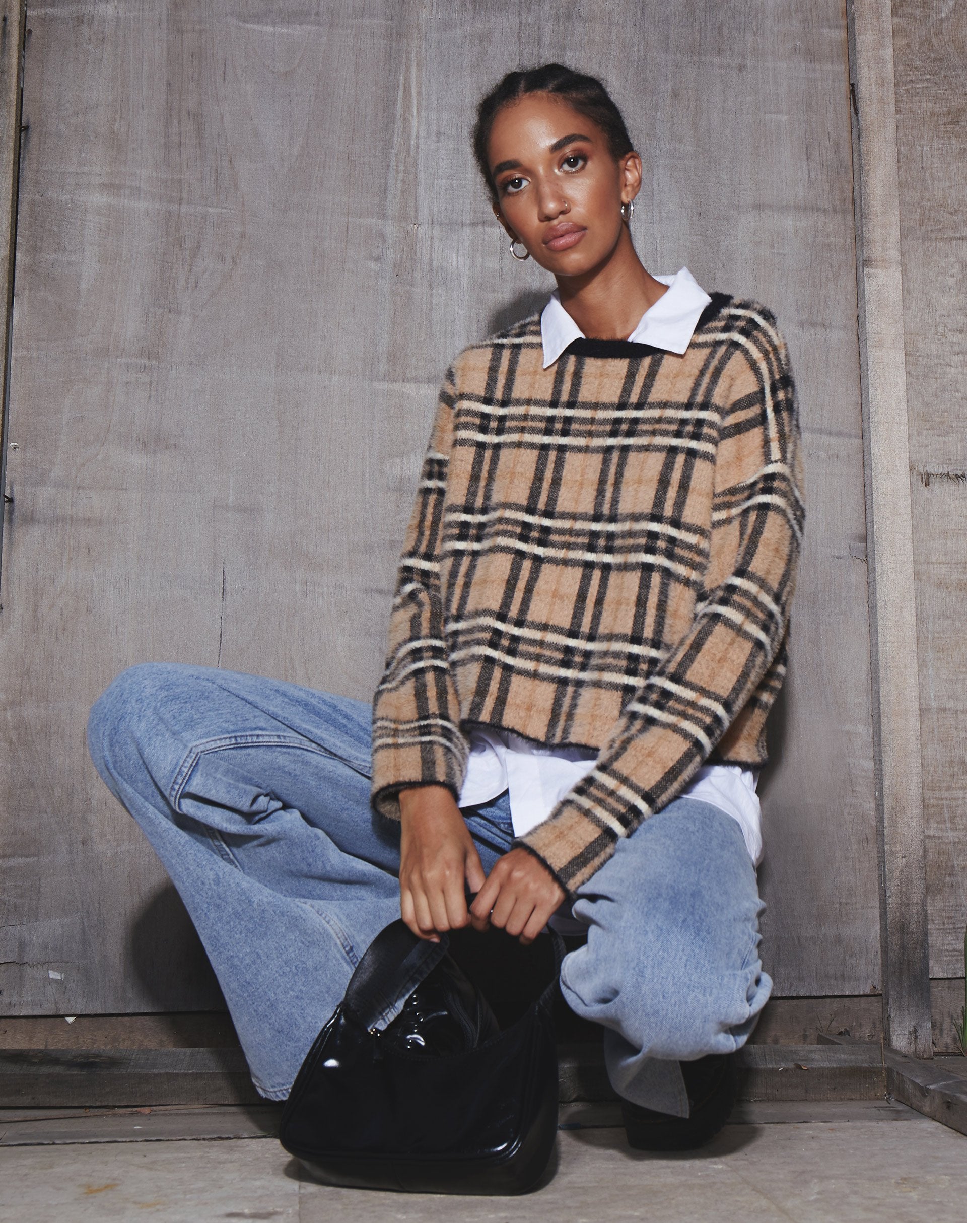 Image of Oki Pullover aus Strick in Creme Schwarz-Weiß-Karo