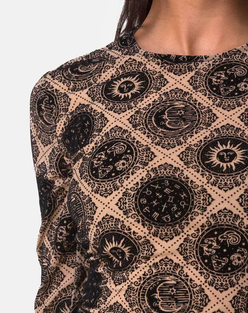 Image of Wyanna Kleid aus taupefarbenem Netz mit schwarzem Zeichenflock