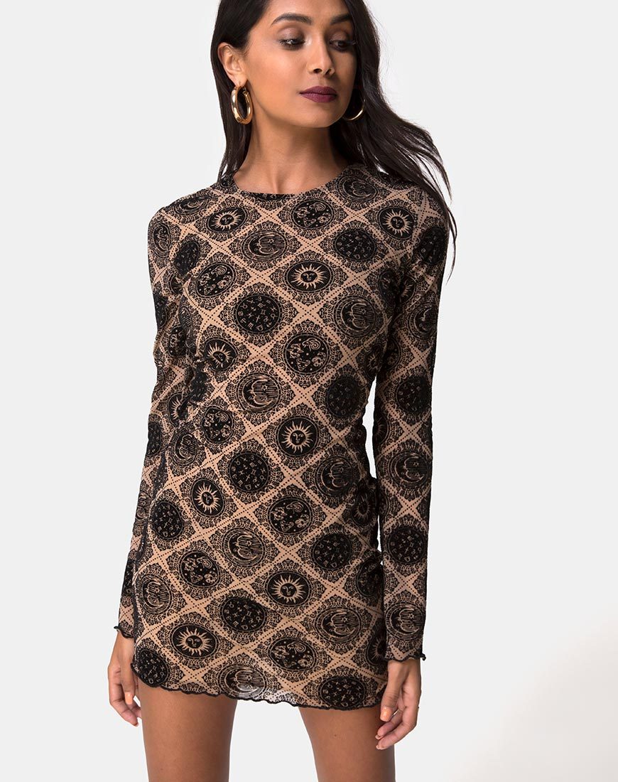 Wyanna Kleid aus taupefarbenem Netz mit schwarzem Schildflock