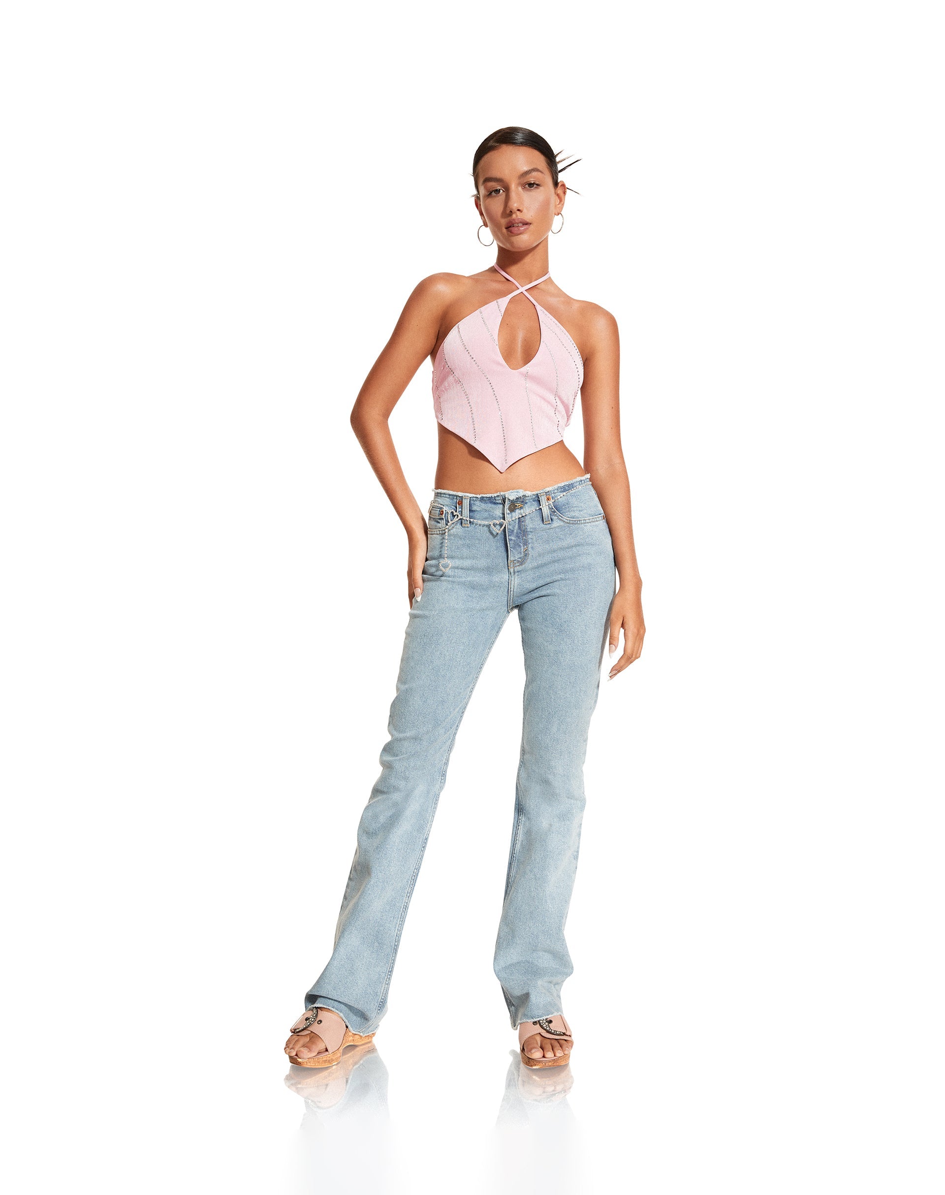 Bild von Domre Crop Top in Babyrosa Silber Nieten Hotfix