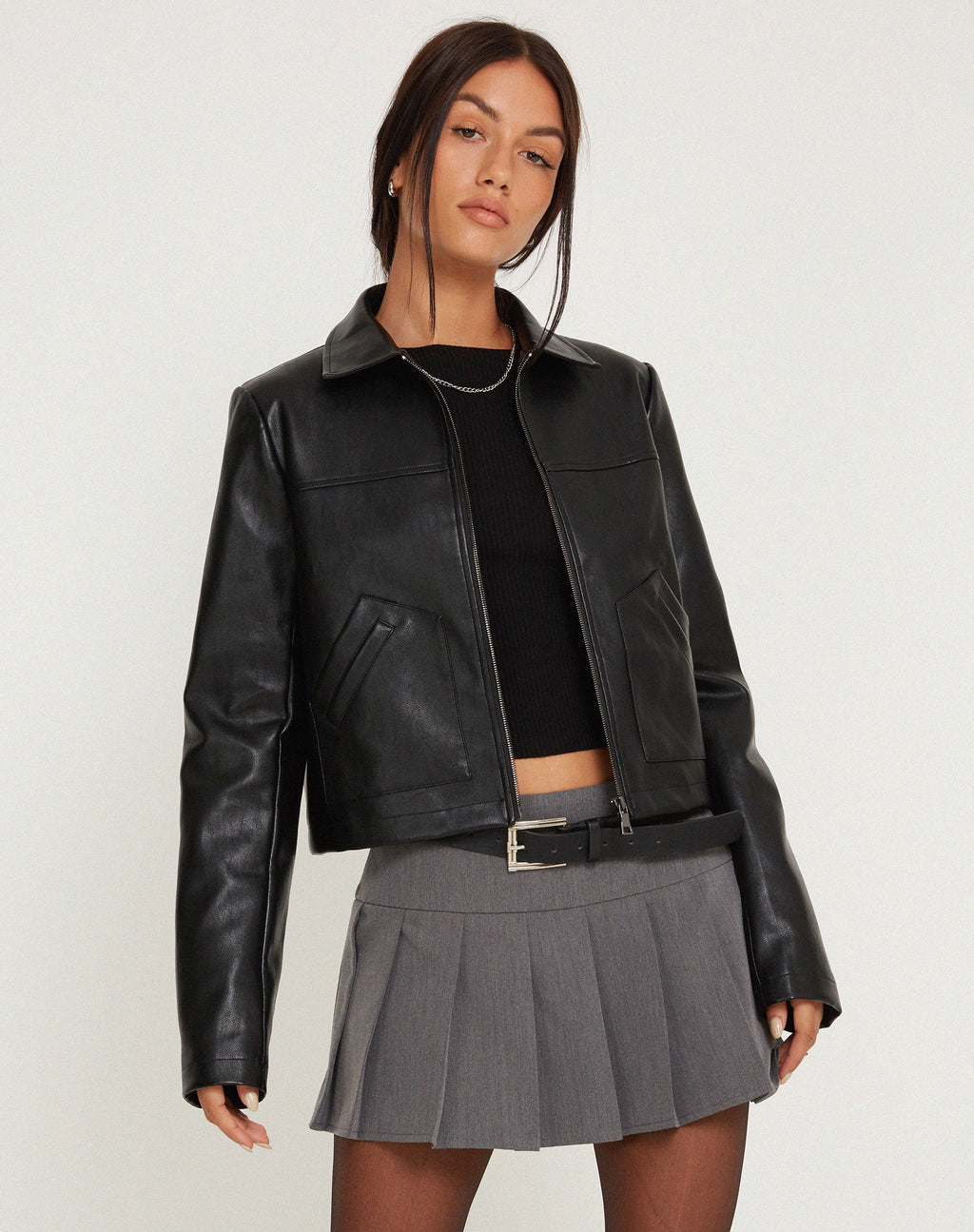 Yonde Zip Up Jacke in PU Schwarz