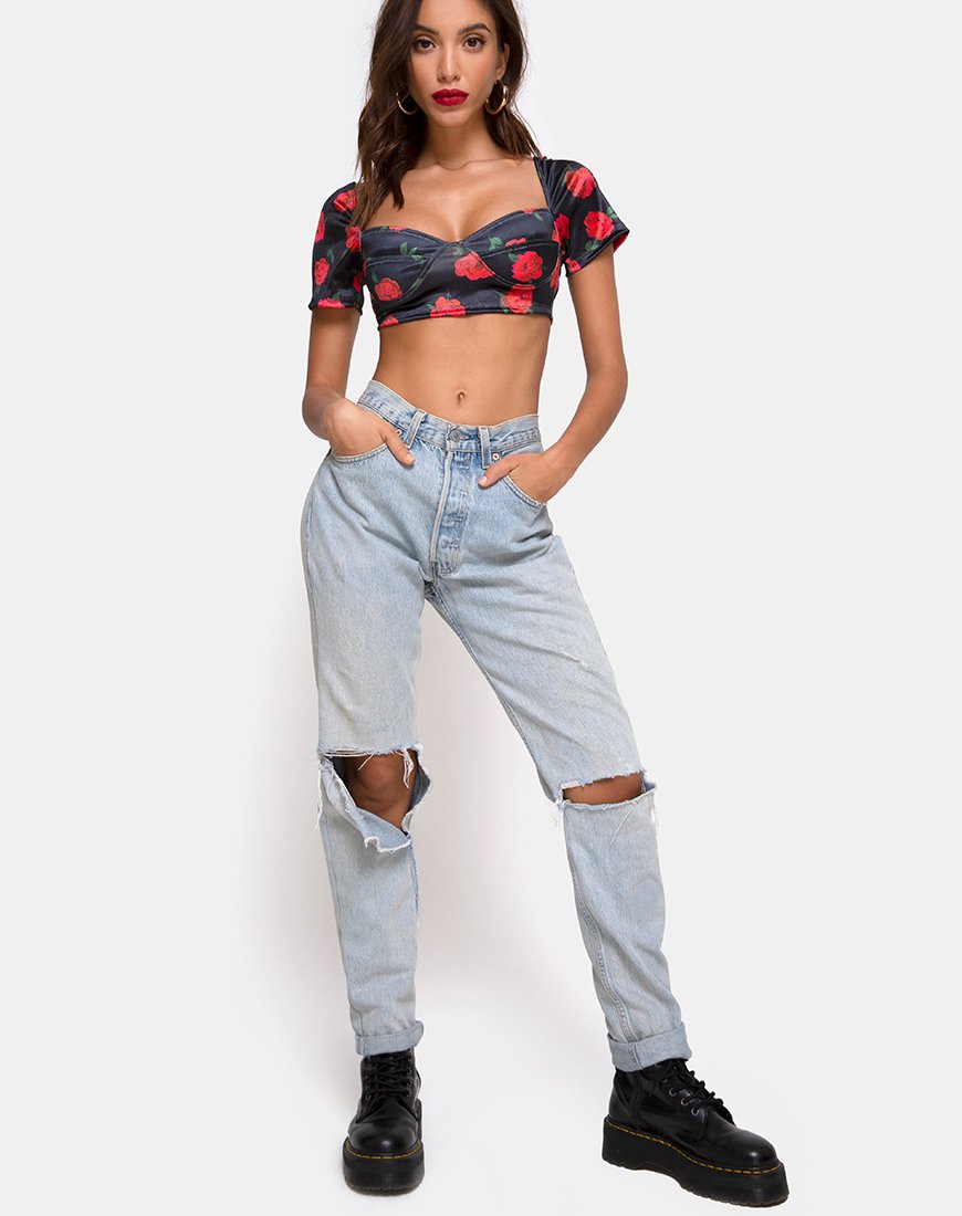 Bild von Yoona Top aus Satin Stretch Last Rose Schwarz