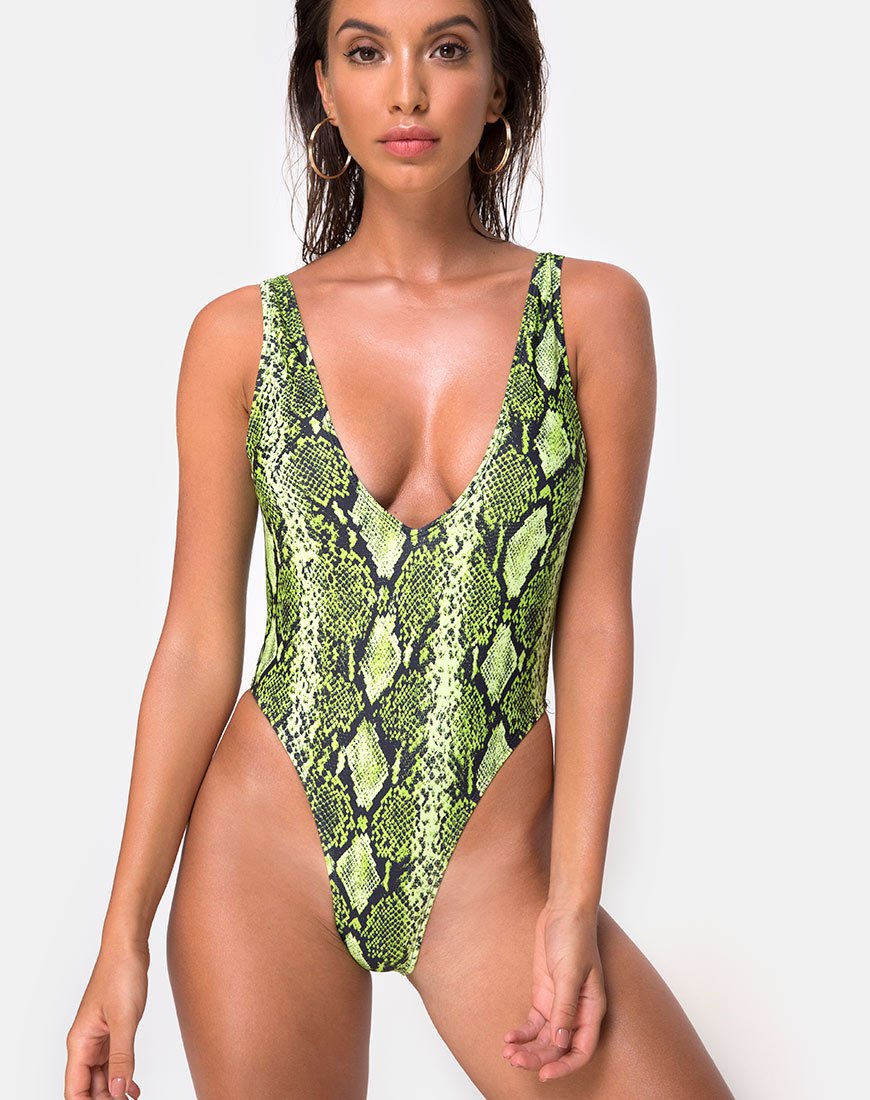 Bild von Zala Plunge Badeanzug in Slime Lime Snake