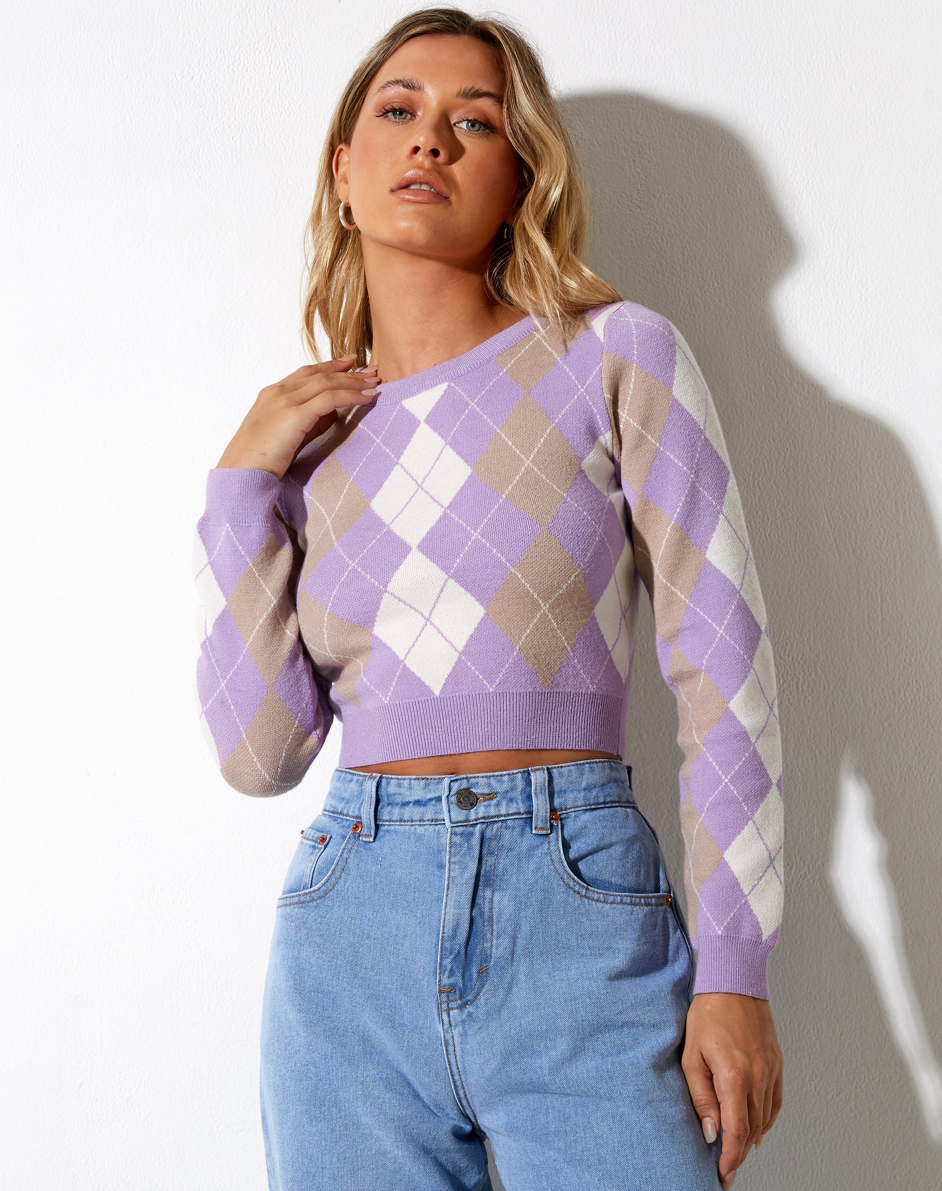 Image of Zuki Pullover in Argyle Flieder Creme und Tan