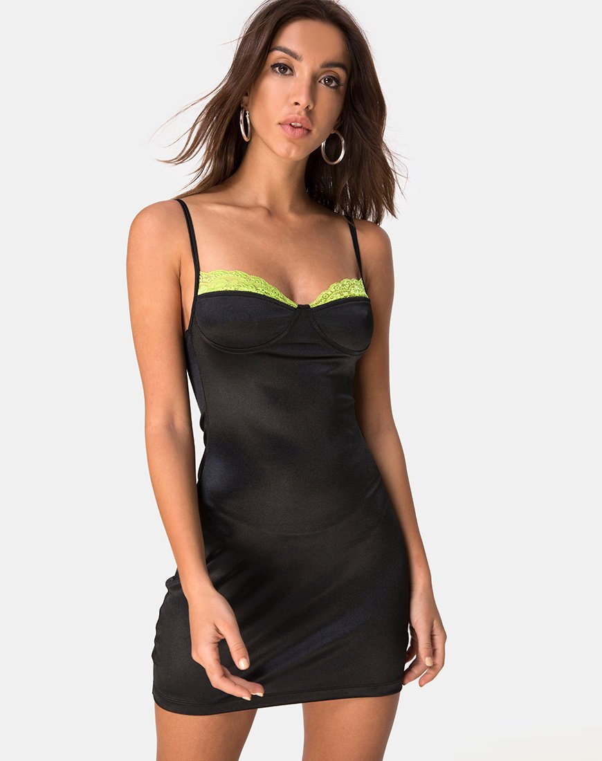 Lesty Bodycon-Kleid in Schwarz mit limonenfarbener Spitze