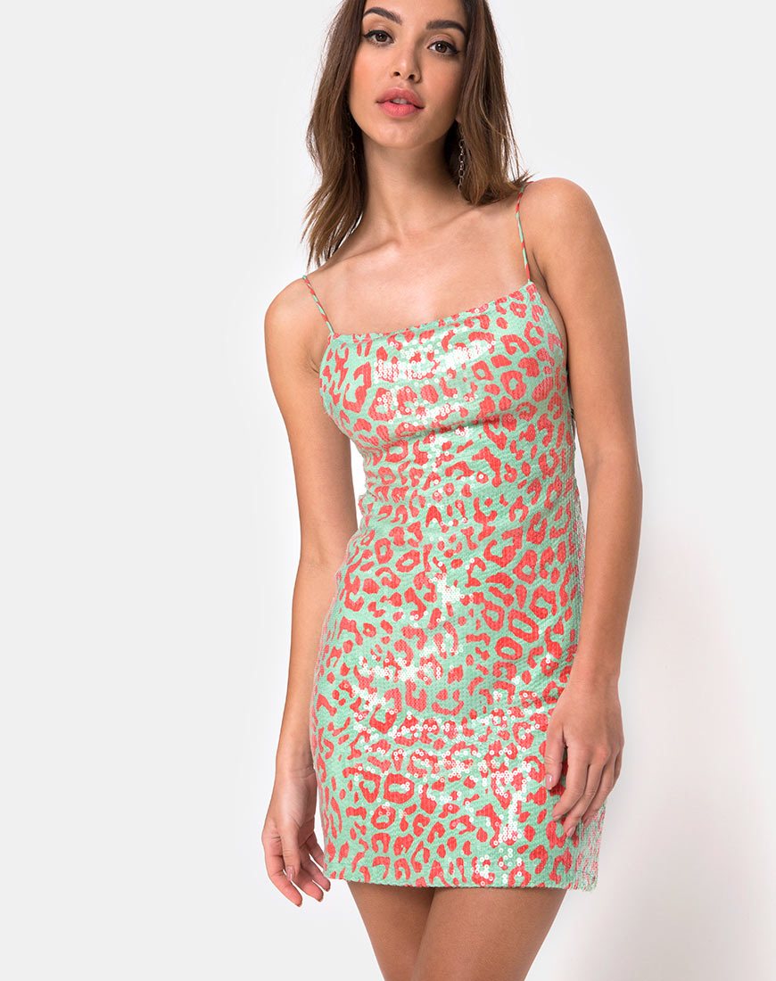 Kozue Kleid in Fluro Leopard Klarer Paillettenstoff
